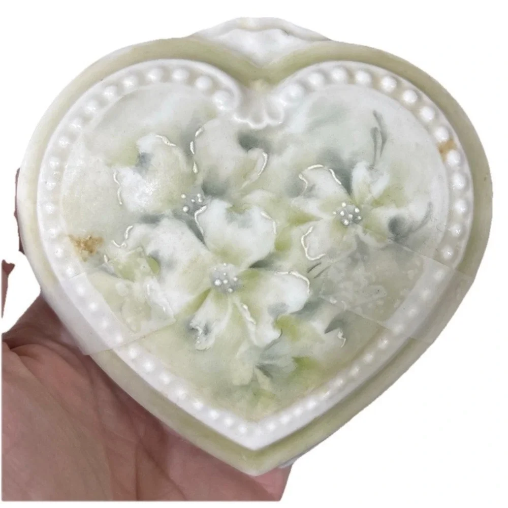 Vintage C. 1980s Hand Painted SageGreen Porcelain Lidded Heart Shaped Vanity Box